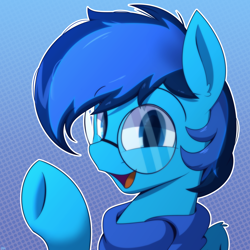 Size: 4096x4096 | Tagged: safe, artist:dysmal, artist:realdysmal, oc, oc only, oc:analog, pegasus, pony, big glasses, blue coat, blue scarf, male, smiling, stallion