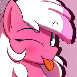 Size: 4096x4096 | Tagged: safe, artist:dysmal, artist:realdysmal, oc, oc only, pegasus, pony, female, mare, one eye closed, pink coat, silly, white mane, wink