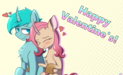 Size: 3000x1836 | Tagged: safe, artist:dysmal, artist:realdysmal, oc, oc:crumane, oc:feli oleander, pony, unicorn, blue coat, blue eyes, blue mane, blushing, female, holiday, horn, male, mare, smiling, stallion, valentine, valentine's day, valentine's day 2025