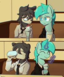 Size: 1725x2075 | Tagged: safe, artist:dysmal, artist:realdysmal, oc, oc:crumane, dog, pony, unicorn, anthro, alcohol, beer, blue coat, blue eyes, blue mane, clothes, female, food, glasses, horn, male, parfait, smiling, stallion, suit, upset