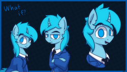 Size: 1920x1080 | Tagged: safe, artist:dysmal, artist:realdysmal, oc, oc only, oc:crumane, pony, unicorn, blue coat, blue eyes, blue mane, clothes, grumpy, horn, looking at you, male, stallion, suit