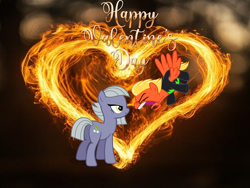 Size: 958x720 | Tagged: safe, anonymous artist, artist:hendro107, artist:luckreza8, limestone pie, short fuse, earth pony, pegasus, pony, clothes, duo, female, fiery background, fiery heart, heart, heart background, hearts and hooves day, holiday, male, mare, ship:limefuse, shipping, smiling, song in the description, spread wings, stallion, straight, uniform, valentine's day, valentine's day picture, washouts uniform, when she smiles, wings