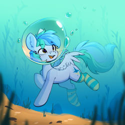 Size: 2048x2048 | Tagged: safe, alternate character, alternate version, artist:rexyseven, oc, oc only, pegasus, pony, alternate versions at source, bubble, clothes, commission, pegasus oc, socks, solo, underwater, water, ych result