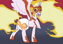 Size: 1754x1240 | Tagged: safe, artist:drasill, daybreaker, alicorn, g4, angry, armor, blushing, diaper, diaper fetish, female, fetish, fire, helmet, mare, pacifier, solo