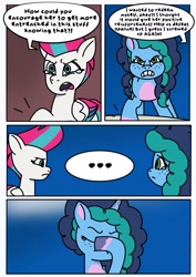 Size: 1131x1600 | Tagged: safe, artist:delilah1_riley, misty brightdawn, zipp storm, pegasus, pony, unicorn, comic:pipp the poltergeist, fanfic:pipp the poltergeist, g5, my little pony: tell your tale, comic, commission, dialogue, duo, duo female, fanfic art, female, horn, implied opaline arcana, mare, outdoors, teary eyes