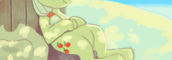 Size: 600x210 | Tagged: dead source, safe, anonymous artist, applejack, earth pony, pony, g4, against tree, applejack's cutie mark, applejack's hat, blonde mane, closed mouth, cowboy hat, cutie mark, dappled sunlight, female, hat, hat off, hooves together, lying down, mare, on back, outdoors, side view, sleeping, smiling, solo, sunlight, tree, under the tree, underhoof