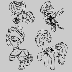 Size: 1650x1650 | Tagged: safe, artist:alexi148, oc, oc only, bat pony, pegasus, pony, unicorn, armor, bat pony oc, enclave, enclave armor, female, hat, horn, looking at you, male, mare, monochrome, pirate, sketch, sketch dump, stallion