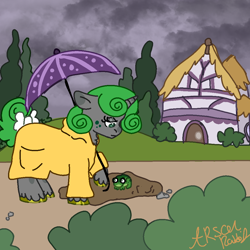 Size: 1024x1024 | Tagged: safe, artist:arsonrabbit, oc, oc only, oc:emerald deltas, frog, pony, unicorn, g4, bow, bush, chest fluff, clothes, cloud, cloudy, covered cutie mark, digital art, female, freckles, gray coat, green eyes, green hair, green mane, green tail, hidden cutie mark, hooves, horn, house, looking at something, looking down, male to female, mare, outdoors, path, raincoat, signature, sky, solo, tail, tail bow, trans female, transgender, transgender oc, tree, umbrella, unicorn oc, unshorn fetlocks, yellow hooves