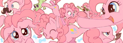 Size: 600x210 | Tagged: dead source, safe, anonymous artist, gummy, pinkie pie, earth pony, pony, g4, griffon the brush off, my little pony: friendship is magic, season 1, blue eyes, clown, clown nose, cute, eyes closed, facial hair, female, frown, grin, happy, hoof hold, looking at you, mare, moustache, multiple views, noisemaker, oekaki, open mouth, pipe, ponk, puppy dog eyes, red nose, smiling, sunglasses