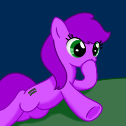 Size: 1440x1440 | Tagged: safe, oc, oc only, earth pony, earth pony oc, equal cutie mark, green eyes, hoof over mouth, lying down, lying on the ground, on ground, purple coat, purple hair, solo, underhoof