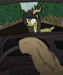 Size: 1000x1200 | Tagged: safe, artist:alexi148, oc, oc only, oc:metal, deer, earth pony, antlers, car, driving, imminent death, meme, muscles, road, steering wheel, this will end in death, this will end in tears, this will end in tears and/or death, tree