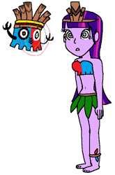 Size: 473x715 | Tagged: safe, artist:kingdom-of-rp, twilight sparkle, human, equestria girls, g4, donkey kong (series), donkey kong country returns, duo, hypnosis, hypnotized, kalimba tiki, looking at each other, looking at someone, tikki