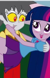 Size: 256x400 | Tagged: safe, discord, twilight sparkle, equestria girls, g4, blushing, clothes, dress, female, holding, holding a person, looking at each other, looking at someone, male, ship:discolight, shipping, straight