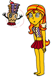 Size: 473x715 | Tagged: safe, artist:kingdom-of-rp, sunset shimmer, human, equestria girls, g4, cordian, donkey kong (series), donkey kong country returns, duo, hypnosis, hypnotized, looking at each other, looking at someone, tiki