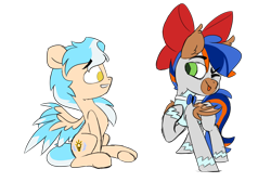 Size: 3564x2388 | Tagged: safe, artist:fakkajohan, oc, oc only, oc:johan, oc:lumin light, bat pony, pegasus, pony, alternate design, bat pony oc, bow, bowtie, clothes, duo, hair bow, male, simple background, smiling, transparent background, uniform, wonderbolts uniform