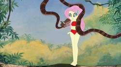 Size: 1280x712 | Tagged: safe, artist:remifan, fluttershy, human, snake, equestria girls, g4, :o, bikini, butterfly hairpin, clothes, female, forest, hypno eyes, hypnoshy, hypnosis, hypnotized, jungle, kaa, kaa eyes, looking at each other, looking at someone, male, nature, open mouth, swimsuit, tree