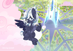 Size: 2000x1408 | Tagged: safe, alternate version, artist:ghostpikachu, derpibooru exclusive, oc, oc only, oc:lunara moonstone, crystal pegasus, crystal pony, pegasus, pony, base artist:seurnik, base used, cloud, crystal castle, crystal empire, female, mare, on a cloud, outdoors, sitting, sitting on a cloud, solo, spread wings, wings