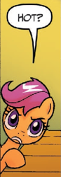 Size: 283x815 | Tagged: safe, artist:tony fleecs, idw, official comic, screencap, scootaloo, pegasus, pony, friendship is magic #43, g4, my little pony: friendship is magic (idw), ponies of dark water, spoiler:comic, female, reaction image, solo, speech bubble