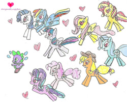 Size: 999x800 | Tagged: safe, artist:amyandluigifan, applejack, fluttershy, pinkie pie, rainbow dash, rarity, spike, starlight glimmer, sunset shimmer, trixie, twilight sparkle, alicorn, earth pony, pegasus, pony, unicorn, g4, crayon drawing, group, heart, heart eyes, horn, mane six, running, signature, simple background, spike gets all the mares, straight, traditional art, twilight sparkle (alicorn), white background, wingding eyes