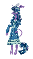 Size: 809x1438 | Tagged: safe, artist:peaceandlove26, twilight sparkle, pony, unicorn, semi-anthro, g4, alternate color palette, alternate design, bipedal, clothes, cloven hooves, dress, horn, leonine tail, simple background, solo, tail, unicorn twilight, white background