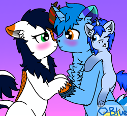 Size: 1640x1500 | Tagged: safe, artist:💎blue, oc, oc only, oc:blue blanket, oc:blueshield, oc:whisper flare, kirin, pony, unicorn, blushing, chest fluff, clinging, couple, father and child, father and daughter, female, filly, foal, gradient background, heart, heart eyes, horn, looking at each other, looking at someone, male, mare, one eye closed, stallion, wingding eyes, wink