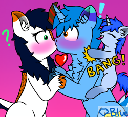 Size: 1640x1500 | Tagged: safe, artist:💎blue, oc, oc only, oc:blue blanket, oc:blueshield, oc:whisper flare, kirin, pony, unicorn, blushing, chest fluff, clinging, couple, exclamation point, father and child, father and daughter, female, filly, foal, forced kiss, giggling, gradient background, heart, heart eyes, horn, kicking, kissing, looking at each other, looking at someone, male, mare, one eye closed, onomatopoeia, question mark, shrunken pupils, stallion, surprised, wingding eyes, wink