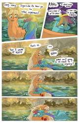 Size: 2003x3103 | Tagged: safe, artist:seventozen, applejack, rainbow dash, pony, comic:the problem of parthus, g4, blushing, comic, water