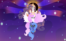 Size: 1280x811 | Tagged: safe, artist:velveagicsentryyt, princess celestia, princess luna, oc, oc:queen galaxia, pony, g4, cewestia, eclipse, female, filly, filly luna, night, solar eclipse, woona, younger