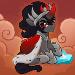 Size: 2400x2400 | Tagged: safe, artist:sparkytopia, king sombra, pony, unicorn, g3.5, g4, armor, black hair, cape, chibi, clothes, cloud, crown, crystal heart, eyebrows, fangs, g4 to g3.5, generation leap, gray coat, grumpy, horn, jewelry, looking at you, outdoors, red eyes, regalia, signature, sitting, sky, solo, wingding eyes