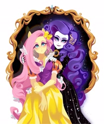 Size: 1717x2048 | Tagged: safe, artist:libbly_libby, fluttershy, rarity, butterfly, human, equestria girls, g4, 2d, black nail polish, clothes, dress, duo, duo female, eyeshadow, female, fingernails, lipstick, looking at you, makeup, mirror, nail polish, nails, snow white