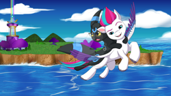 Size: 1280x720 | Tagged: safe, artist:arcwindsaber, zipp storm, oc, pegasus, pony, g5, assisted flying, cliff, concave belly, crystal brighthouse, deviantart watermark, duo, female, glasses, looking at you, mare, obtrusive watermark, ocean, outdoors, prisbeam, spread wings, water, watermark, wings