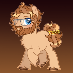 Size: 1500x1500 | Tagged: safe, artist:bazilka_ink, oc, oc only, earth pony, pony, beard, blank flank, blue eyes, blushing, facial hair, full body, glasses, gradient background, looking at you, male, raised hoof, shiny hooves, signature, smiling, streamer, t2x2, text, twitch, unshorn fetlocks