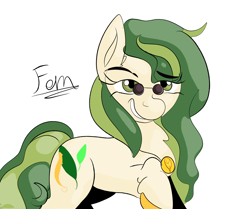 Size: 2300x1920 | Tagged: safe, artist:grainp0et, artist:grainpoet, earth pony, pony, g5, make your mark, my little pony: make your mark, leak, accessory, colored, concept art, dreamworks face, female, fern, jewelry, long mane, mare, necklace, raised hoof, simple background, solo, sunglasses, white background