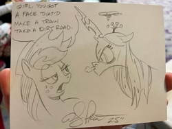 Size: 2048x1536 | Tagged: safe, artist:andy price, applejack, queen chrysalis, changeling, changeling queen, earth pony, pony, g4, angry, female, insult, mare, open mouth, snorting, speech bubble, traditional art