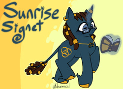 Size: 1003x725 | Tagged: safe, artist:kharmacal, oc, oc only, oc:sunrise signet, pony, unicorn, 2024, abstract background, blue coat, blue eyes, book, brown hair, caption, dreadlocks, ear piercing, earring, glasses, horizontal pupils, horn, horn ring, image macro, jewelry, leonine tail, magic, magic aura, necklace, owed art, piercing, raised hoof, ring, simple background, solo, tail, text, unshorn fetlocks, yellow background, yellow hooves