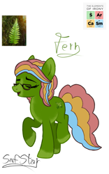 Size: 707x1130 | Tagged: safe, artist:mint-light, artist:safstar, fern (g5), earth pony, g4, g5, make your mark, my little pony: make your mark, leak, base used, countershading, eyes closed, fern, g5 to g4, generation leap, glasses, plant, reference used, solo, standing on two hooves