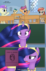 Size: 1989x3072 | Tagged: safe, artist:anonymousandrei, derpibooru exclusive, princess celestia, twilight sparkle, oc, alicorn, earth pony, pegasus, unicorn, comic:rumble and the tree of harmony, princess molestia, g4, :|, book, classroom, colt, comic, female, filly, foal, horn, implied rumble, implied thunderlane, jewelry, male, mare, older, older twilight, older twilight sparkle (alicorn), princess twilight 2.0, raised hoof, random pony, regalia, twilight sparkle (alicorn)