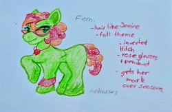 Size: 2938x1916 | Tagged: safe, artist:mediasres, earth pony, pony, g5, make your mark, my little pony: make your mark, leak, amulet, blank flank, colored, concept art, english, female, fern, fern (g5), glasses, jewelry, leg band, mare, paper background, photo, short tail, solo, tail, traditional art, unshorn fetlocks