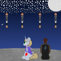 Size: 1800x1800 | Tagged: safe, artist:xada, alicorn, human, pony, cape, cliff, clothes, comet, folded wings, gradient background, looking away, moon, night, robe, sitting, spaceship, stars, wings