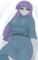 Size: 1950x3092 | Tagged: safe, artist:batipin, maud pie, equestria girls, g4, bangs, breasts, busty maud pie, eyeshadow, female, horn, looking at you, low angle, makeup, straight hair, waistband