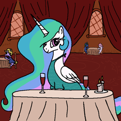 Size: 600x600 | Tagged: safe, artist:notawriteranon, princess celestia, alicorn, pony, g4, alcohol, clothes, date, dress, looking at you, wine