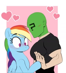 Size: 1734x1917 | Tagged: safe, artist:_ton618_, rainbow dash, oc, oc:anon, human, pegasus, pony, g4, blushing, canon x oc, duo, duo male and female, female, floating heart, heart, holding hands, holding hooves, human male, interspecies, male, mare, passepartout, pinpoint eyes, shipping, straight