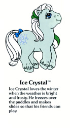 Size: 550x1000 | Tagged: safe, ice crystal, earth pony, pony, g1, my little pony fact file, official, bow, closed mouth, cute, freckles, g1 backstory, iceabetes, male, mountain boy ponies, smiling, solo, stallion, tail, tail bow, text, trademark