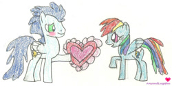 Size: 749x378 | Tagged: safe, artist:amyandluigifan, rainbow dash, soarin', pegasus, pony, g4, female, hearts and hooves day, holiday, male, mare, ship:soarindash, shipping, stallion, straight, traditional art, valentine's day