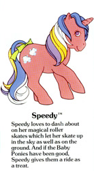 Size: 550x1000 | Tagged: safe, speedy, pony, twinkle eyed pony, unicorn, g1, my little pony fact file, official, bow, closed mouth, cute, female, g1 backstory, horn, mare, raised hoof, smiling, solo, speedybetes, tail, tail bow, text, trademark