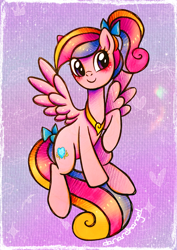 Size: 2186x3087 | Tagged: safe, artist:dariarchangel, idw, princess cadance, pegasus, pony, g4, my little pony: rise of cadance, abstract background, adorable face, blushing, c:, cute, cute face, cute smile, cutedance, female, flying, heart, high ponytail, long tail, mare, passepartout, pegasus cadance, pegasus wings, peytral, pink coat, ponytail, purple eyes, raised hoof, smiling, solo, spread wings, tail, teen princess cadance, three toned hair, three toned mane, three toned tail, traditional art, wings, young cadance