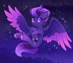 Size: 1461x1260 | Tagged: safe, artist:maravor, oc, oc:shadow galaxy, pegasus, pony, cloud, colored wings, commission, cute, ear fluff, ethereal mane, female, fluffy, flying, mare, night, smiling, solo, spread wings, starry eyes, starry mane, starry night, starry tail, stars, tail, two toned wings, wingding eyes, wings, ych result