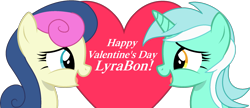 Size: 2079x899 | Tagged: safe, artist:stephen-fisher, bon bon, lyra heartstrings, sweetie drops, earth pony, unicorn, g4, duo, duo female, female, hearts and hooves day, holiday, horn, lesbian, ship:lyrabon, shipping, valentine's day