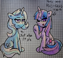 Size: 1479x1369 | Tagged: safe, artist:rosa ushiromiya, trixie, twilight sparkle, pony, unicorn, g4, duo, duo female, egghead, female, horn, lesbian, looking at you, mare, math, ship:twixie, shipping, sitting, text, traditional art, trixie is not amused, unamused