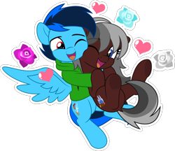 Size: 5000x4310 | Tagged: safe, artist:jhayarr23, oc, oc only, oc:cobalt chaser, oc:lunaria light, pegasus, pony, blue coat, blue eyes, blue mane, brown coat, clothes, digital art, emotes, flower, gray hair, heart, hoodie, hug, jacket, male, pegasus oc, red eyes, simple background, solo, spread wings, sweater, transparent background, wings